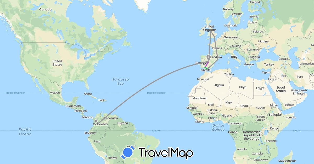 TravelMap itinerary: driving, bus, plane, train in Colombia, Spain, United Kingdom (Europe, South America)