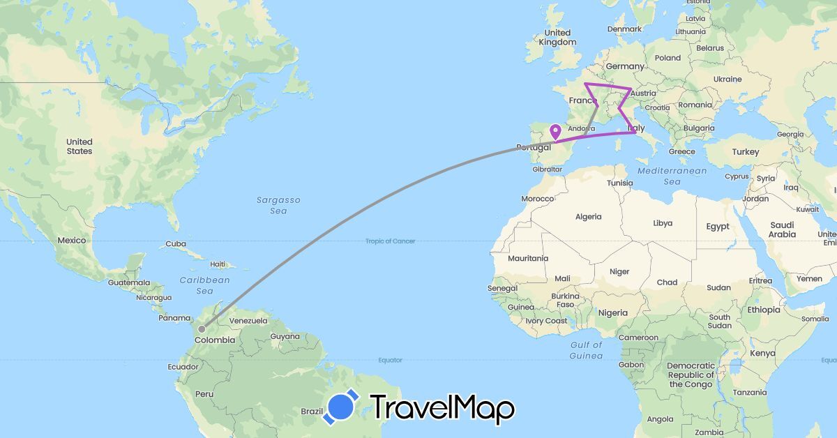 TravelMap itinerary: driving, plane, train in Colombia, Germany, Spain, France, Italy (Europe, South America)