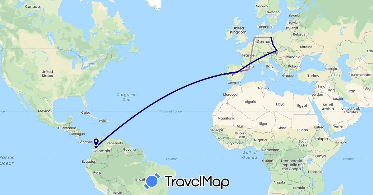 TravelMap itinerary: driving, plane, train in Austria, Colombia, Czech Republic, Germany, Spain, Netherlands (Europe, South America)