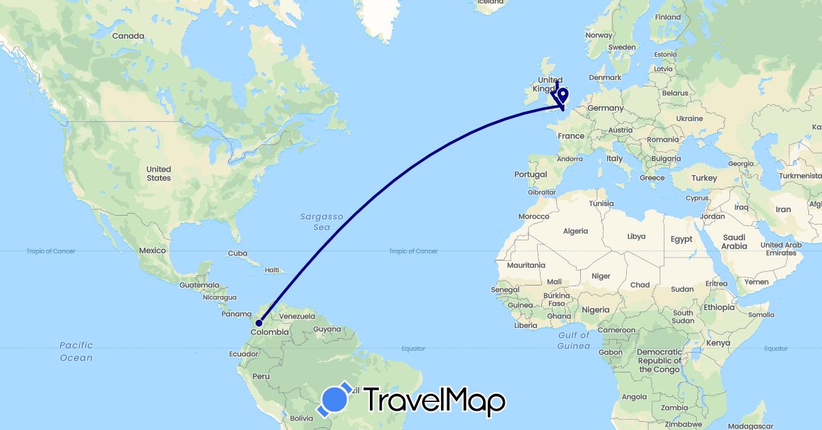 TravelMap itinerary: driving in Colombia, United Kingdom (Europe, South America)