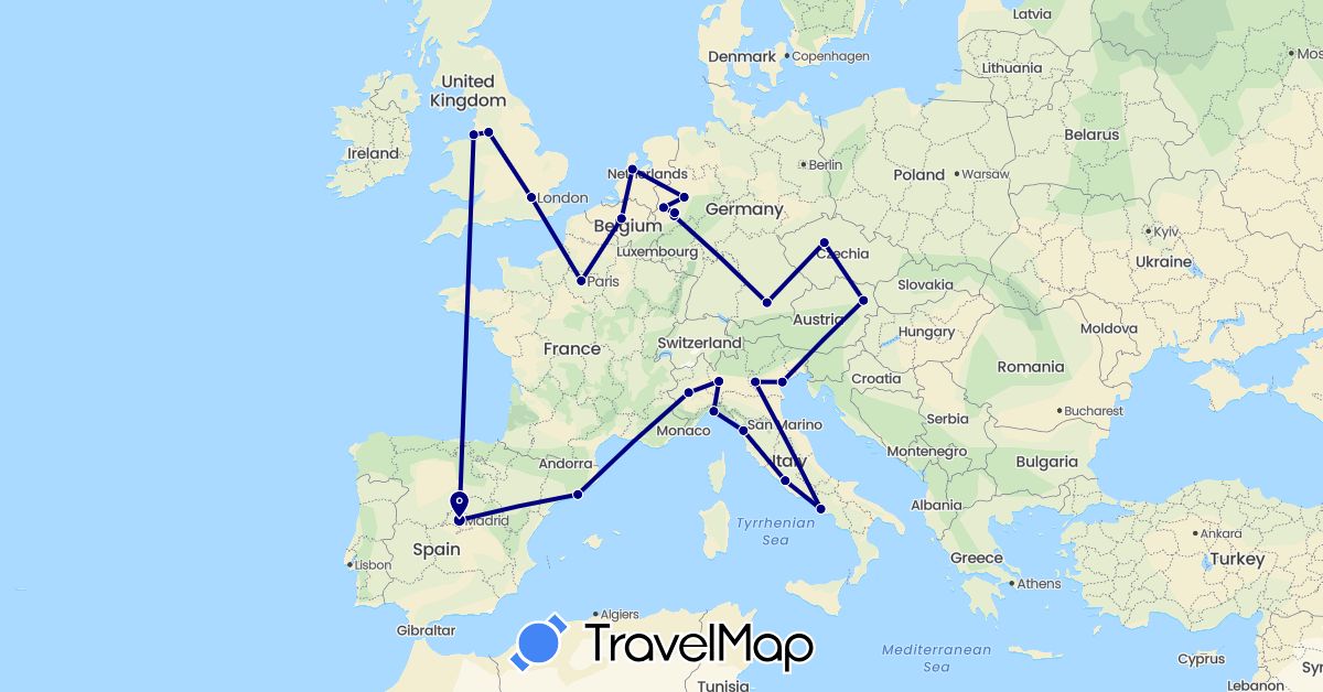 TravelMap itinerary: driving in Austria, Belgium, Czech Republic, Germany, Spain, France, United Kingdom, Italy, Netherlands (Europe)